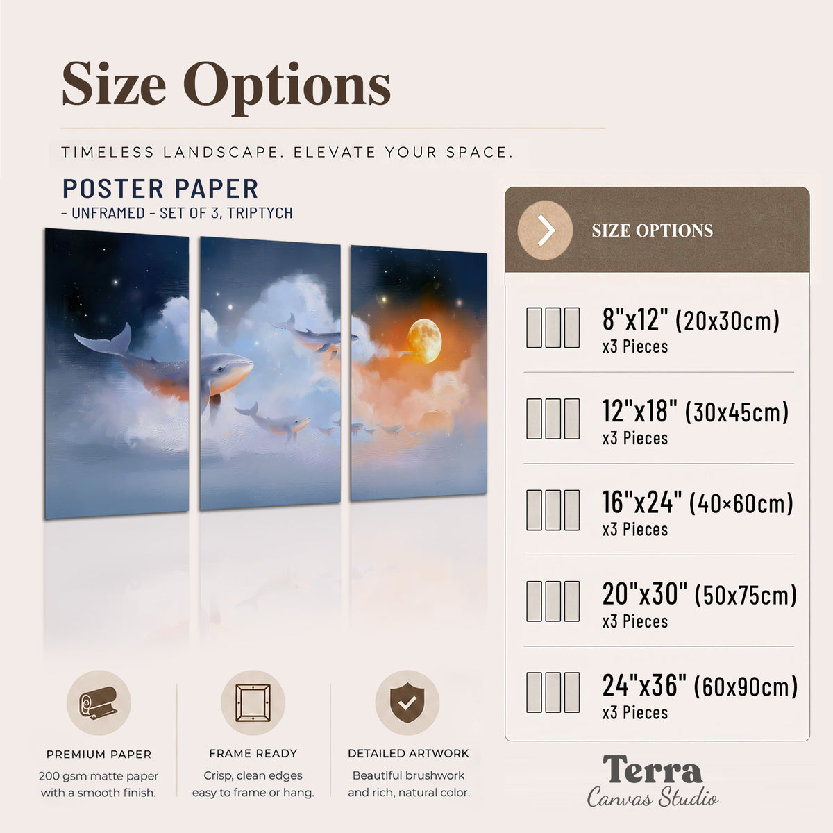 Blue whales gliding through pastel clouds beneath stars and a warm orange moon set of 3 poster prints available dimensions; triptych dimensions are per panel
