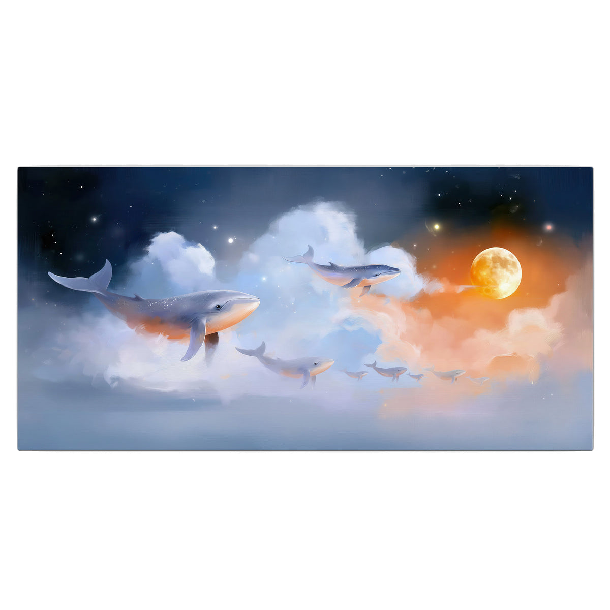 Blue whales gliding through pastel clouds beneath stars and a warm orange moon single canvas wall art viewed straight on