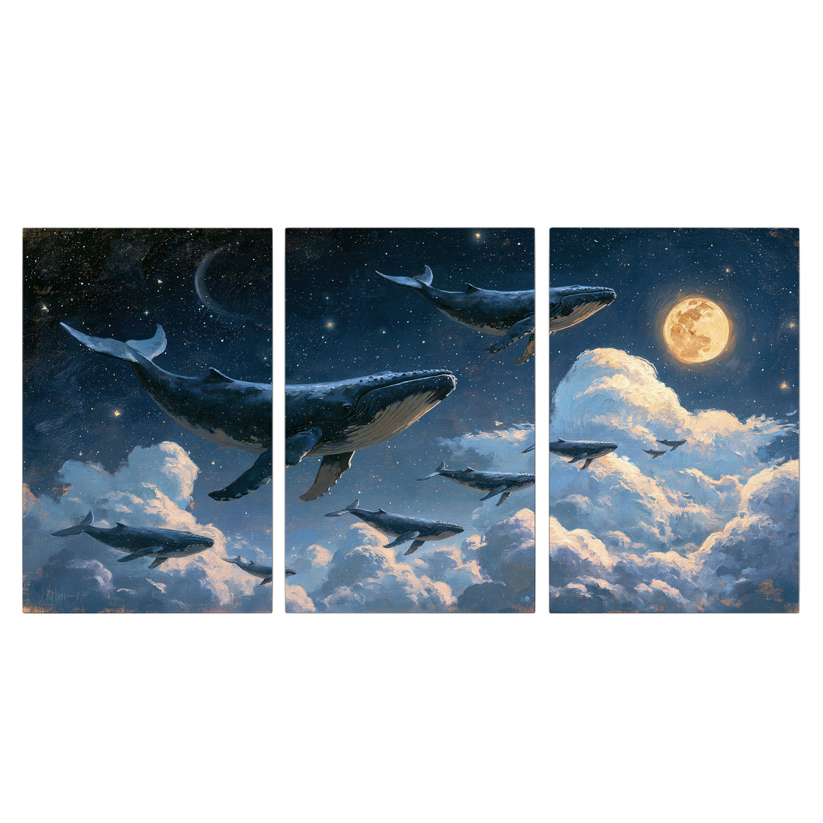 A group of whales floating among clouds beneath a golden moon in a deep blue night sky 3 piece canvas wall art viewed straight on