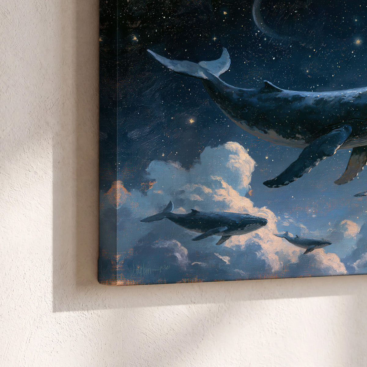 A group of whales floating among clouds beneath a golden moon in a deep blue night sky 3 piece canvas wall art material and edge close up
