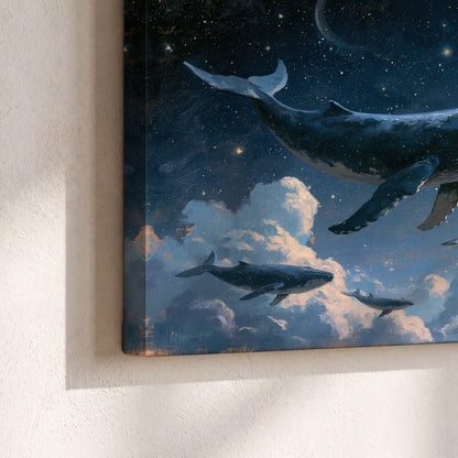 A group of whales floating among clouds beneath a golden moon in a deep blue night sky 3 piece canvas wall art material and edge close up