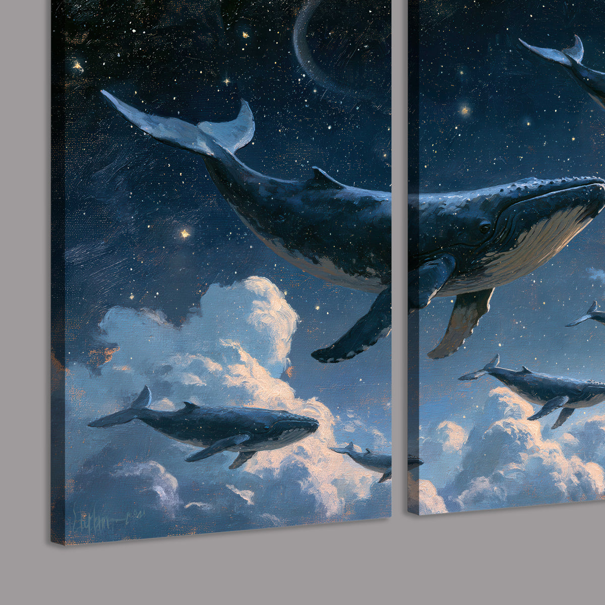 A group of whales floating among clouds beneath a golden moon in a deep blue night sky 3 piece canvas wall art room and product view