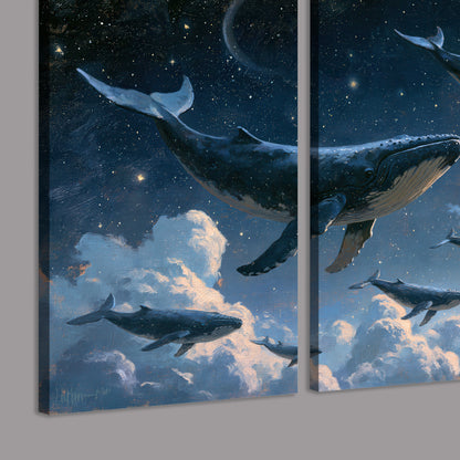 A group of whales floating among clouds beneath a golden moon in a deep blue night sky 3 piece canvas wall art room and product view