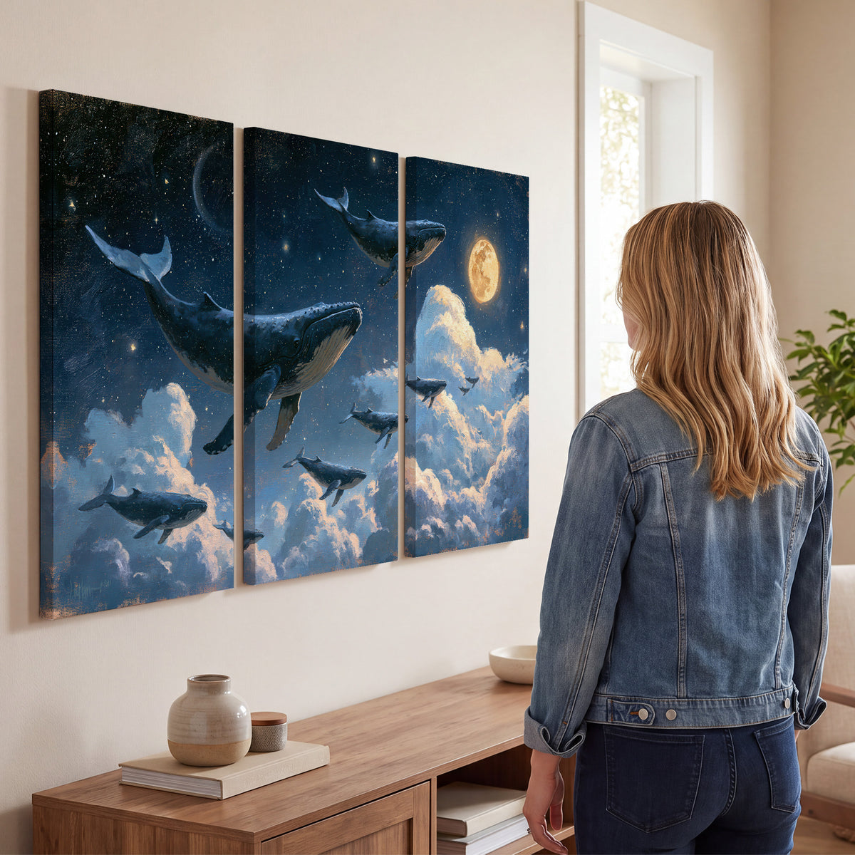 A group of whales floating among clouds beneath a golden moon in a deep blue night sky 3 piece canvas wall art three panel arrangement on a wall