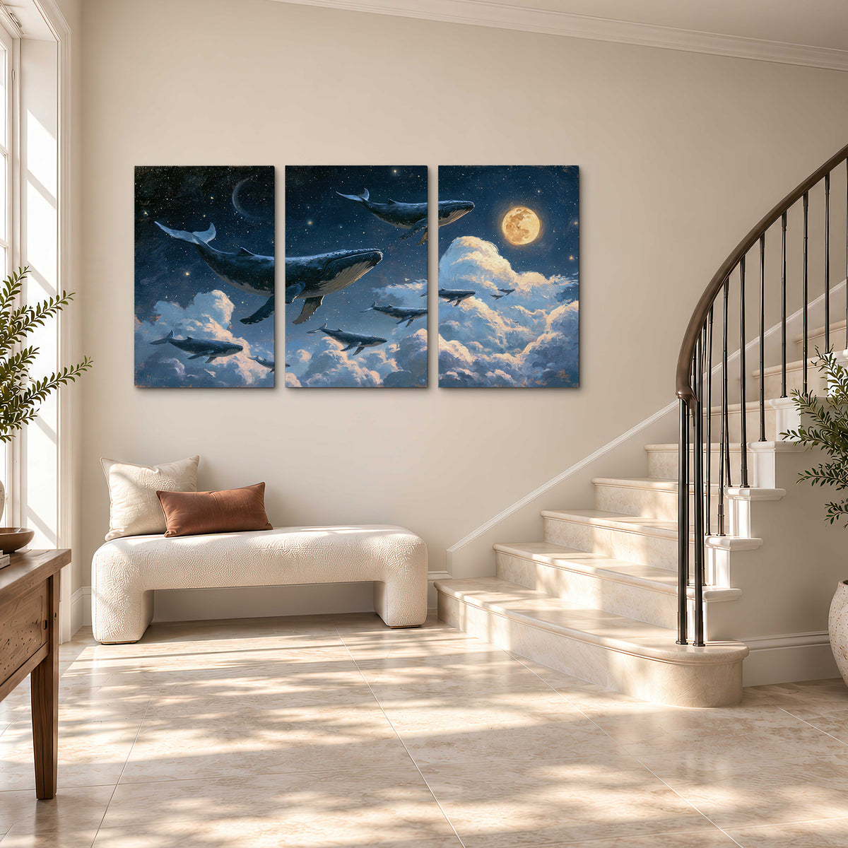 A group of whales floating among clouds beneath a golden moon in a deep blue night sky 3 piece canvas wall art styled in an interior