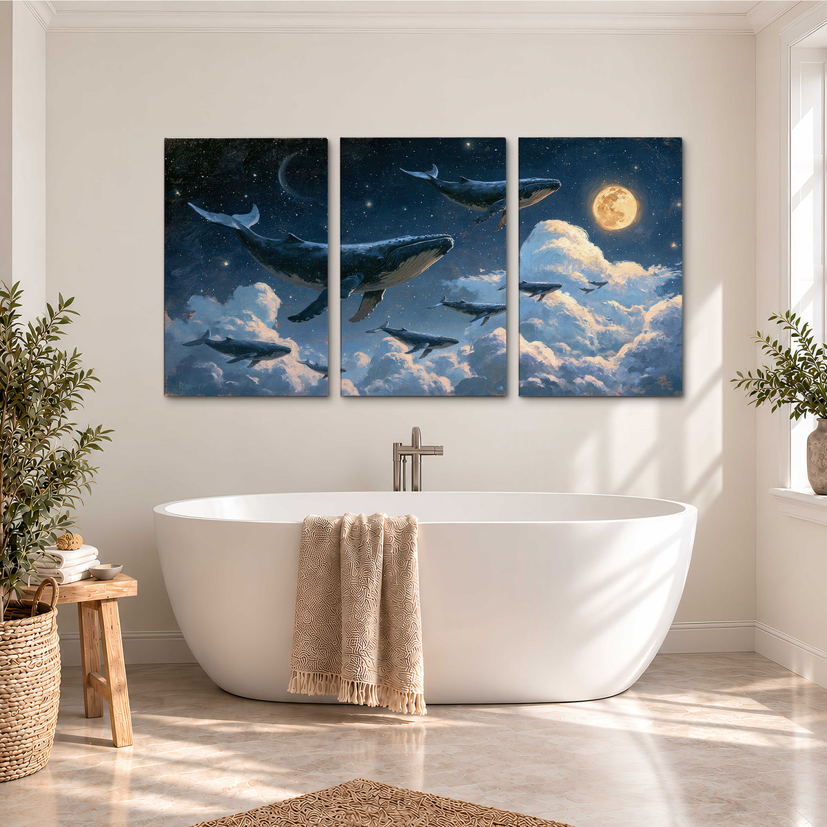 A group of whales floating among clouds beneath a golden moon in a deep blue night sky 3 piece canvas wall art styled in an interior