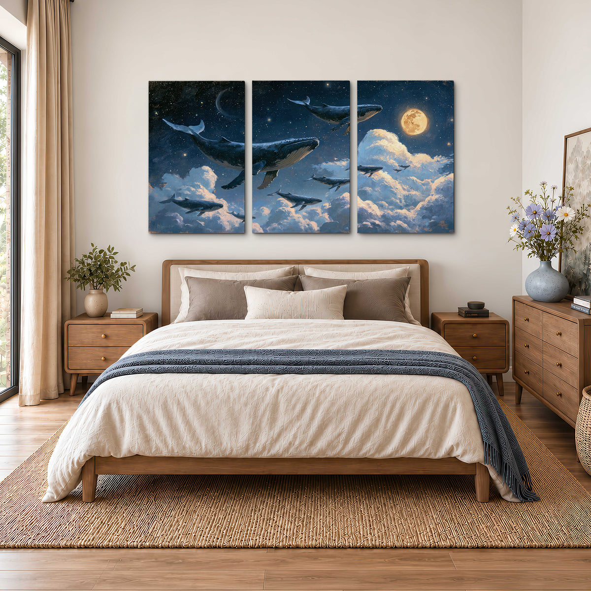 A group of whales floating among clouds beneath a golden moon in a deep blue night sky 3 piece canvas wall art styled in an interior