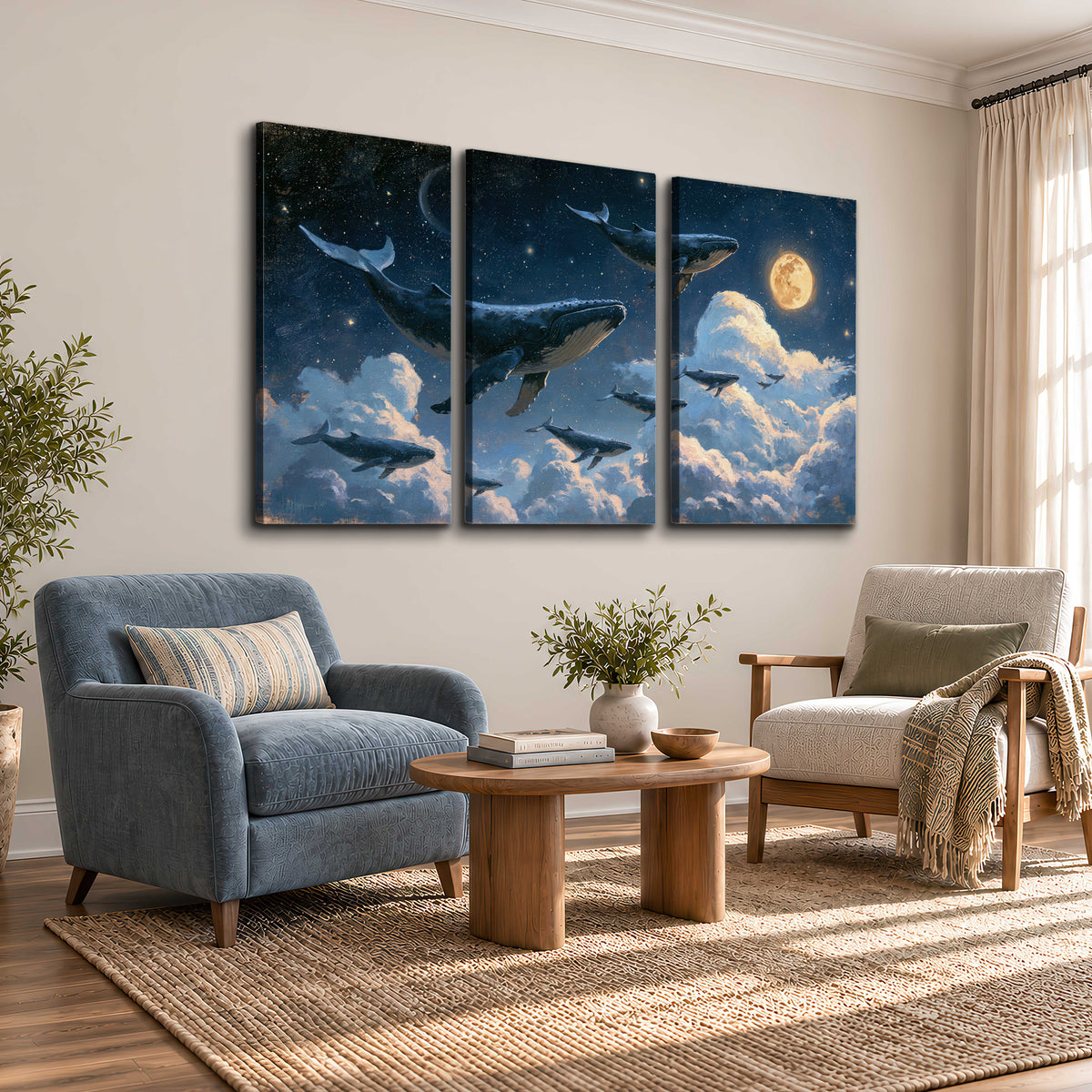 A group of whales floating among clouds beneath a golden moon in a deep blue night sky 3 piece canvas wall art styled in an interior