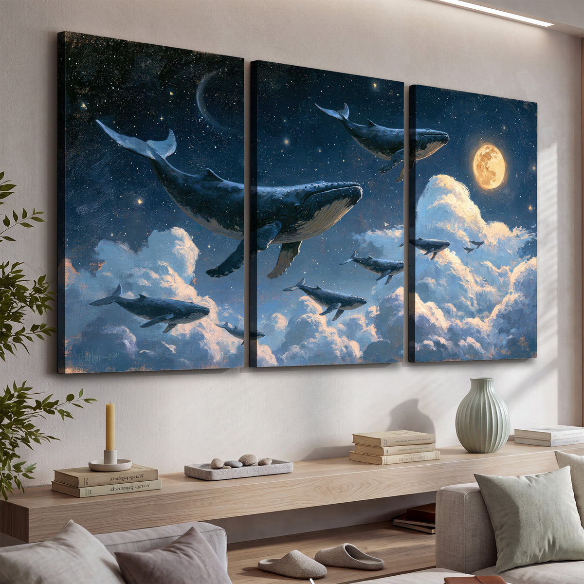 A group of whales floating among clouds beneath a golden moon in a deep blue night sky 3 piece canvas wall art displayed in a console