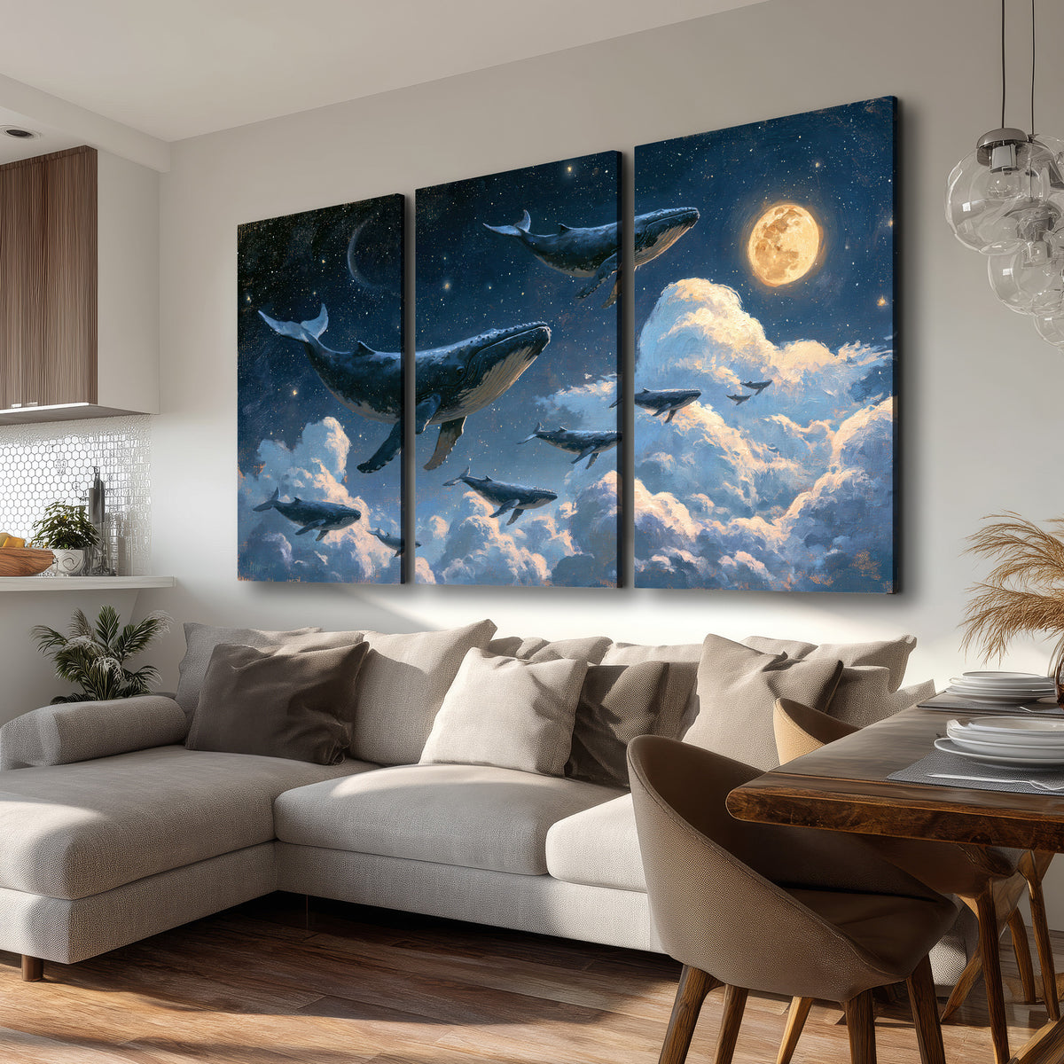 A group of whales floating among clouds beneath a golden moon in a deep blue night sky 3 piece canvas wall art room and product view