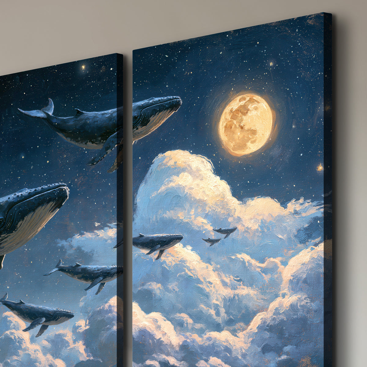 A group of whales floating among clouds beneath a golden moon in a deep blue night sky 3 piece canvas wall art room and product view