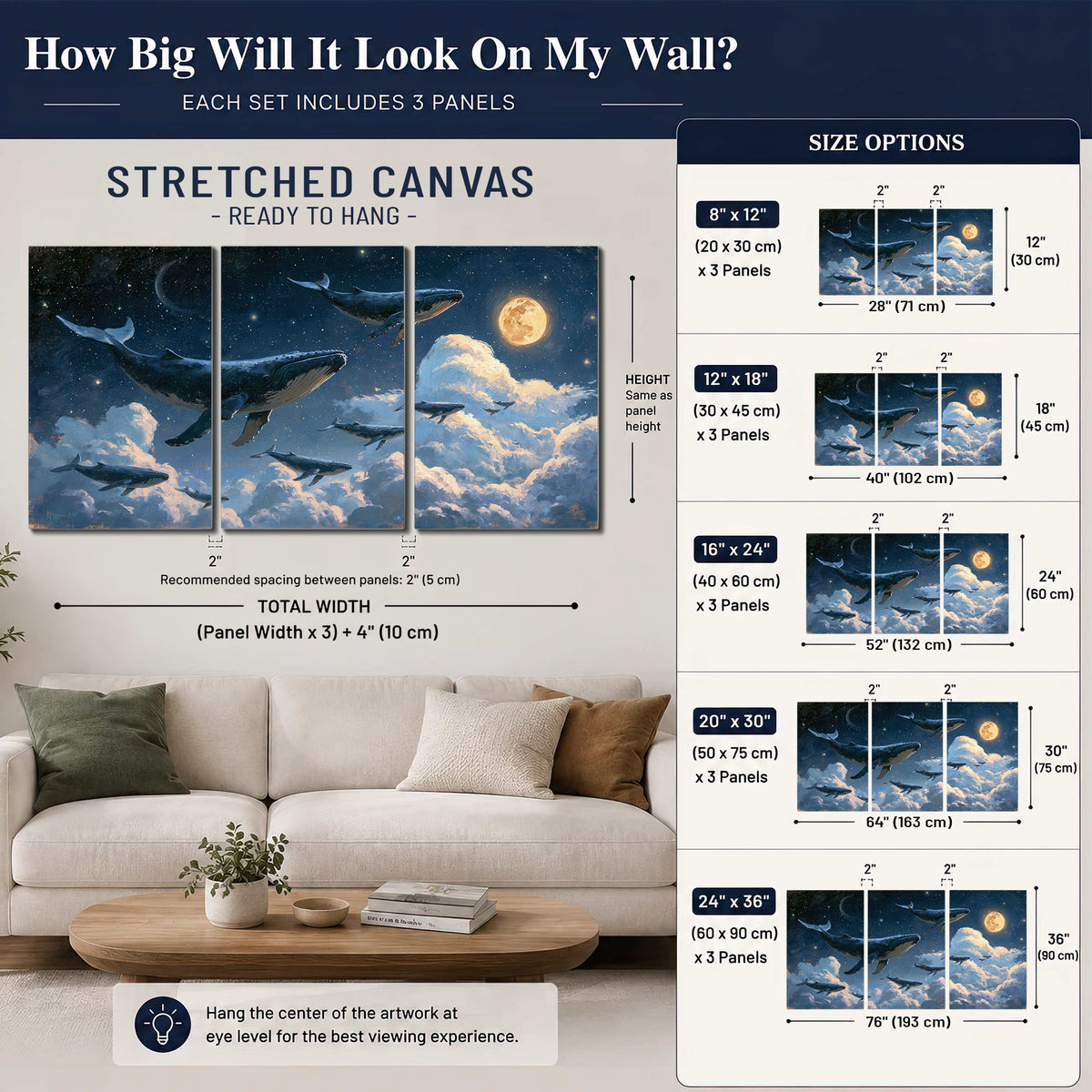 A group of whales floating among clouds beneath a golden moon in a deep blue night sky 3 piece canvas wall art size guide above a sofa; room view is illustrative
