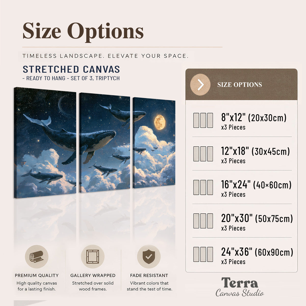 A group of whales floating among clouds beneath a golden moon in a deep blue night sky 3 piece canvas wall art available dimensions; triptych dimensions are per panel