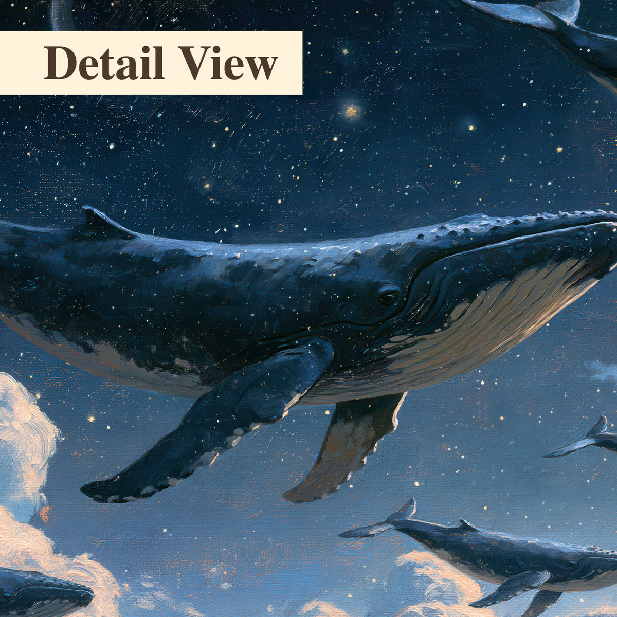 A group of whales floating among clouds beneath a golden moon in a deep blue night sky 3 piece canvas wall art artwork detail close up