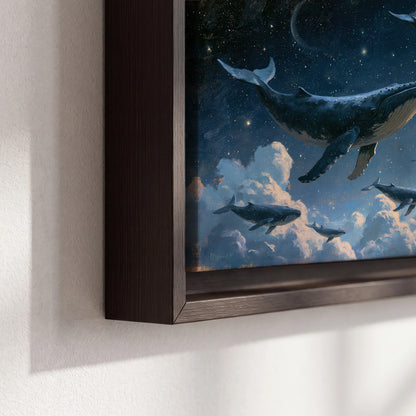 A group of whales floating among clouds beneath a golden moon in a deep blue night sky 3 piece framed canvas wall art material and edge close up