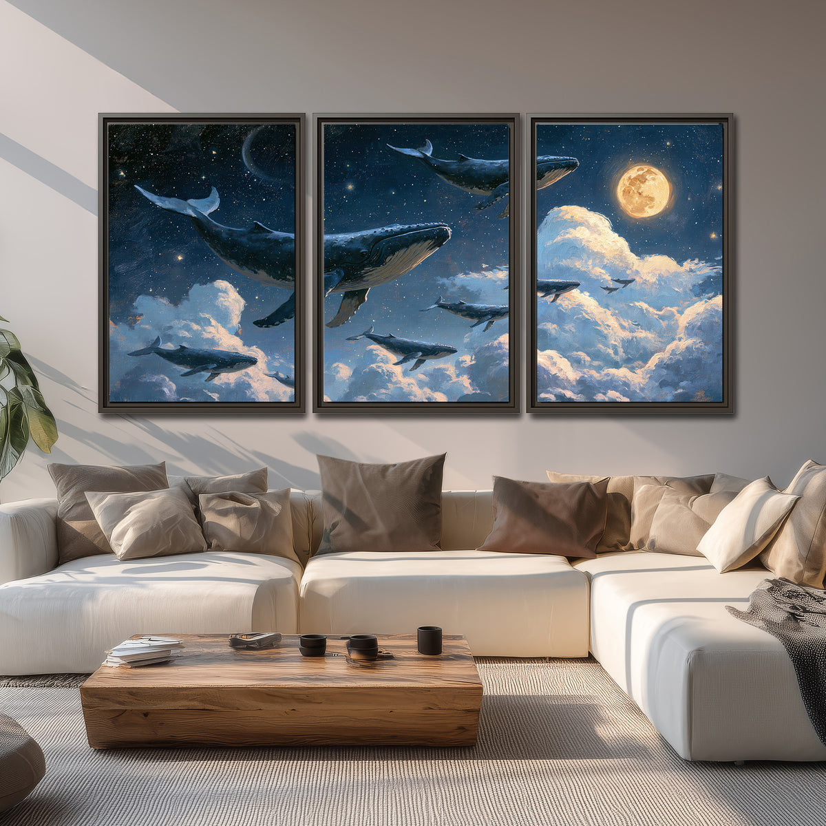 A group of whales floating among clouds beneath a golden moon in a deep blue night sky 3 piece framed canvas wall art displayed in a living room