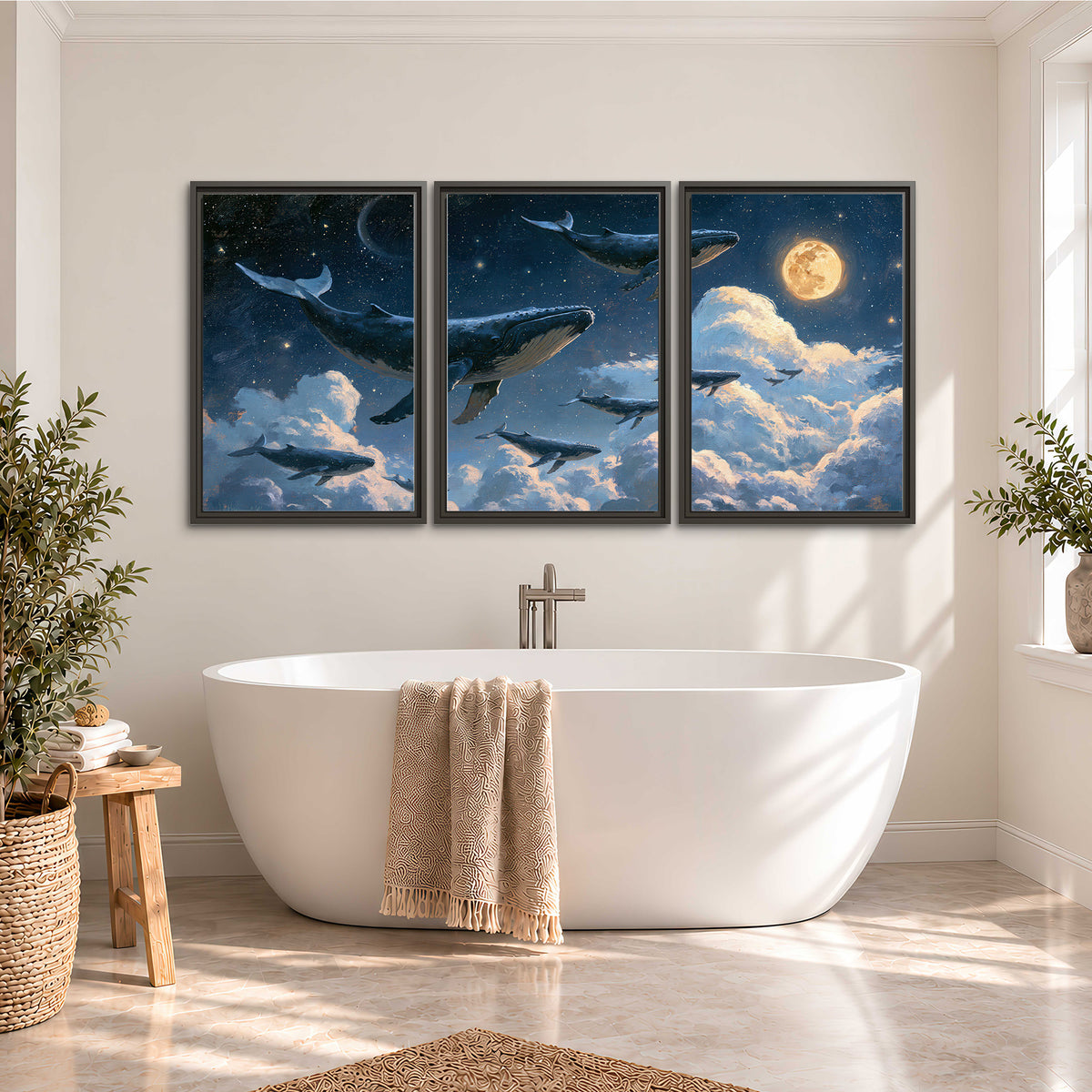 A group of whales floating among clouds beneath a golden moon in a deep blue night sky 3 piece framed canvas wall art styled in an interior