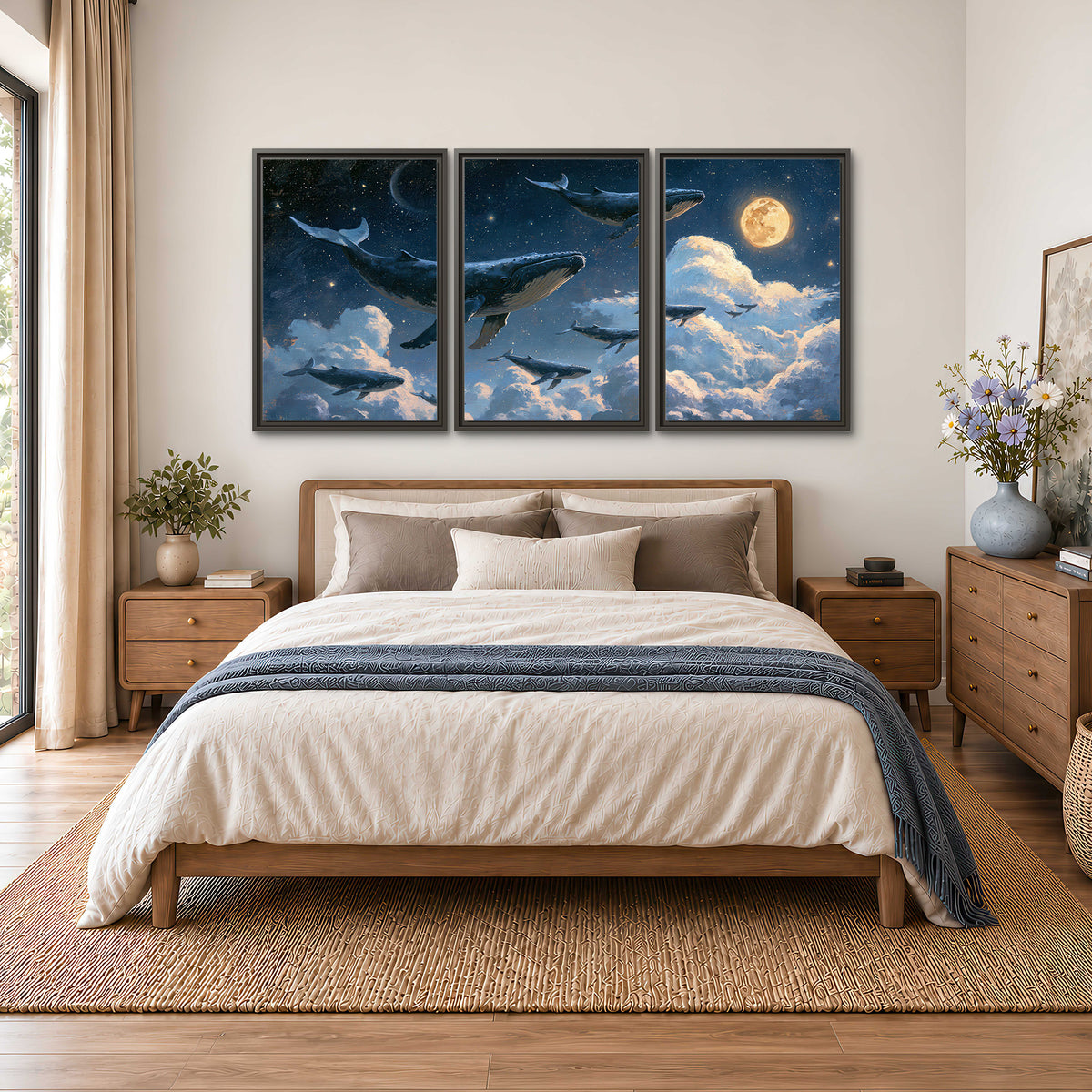 A group of whales floating among clouds beneath a golden moon in a deep blue night sky 3 piece framed canvas wall art styled in an interior