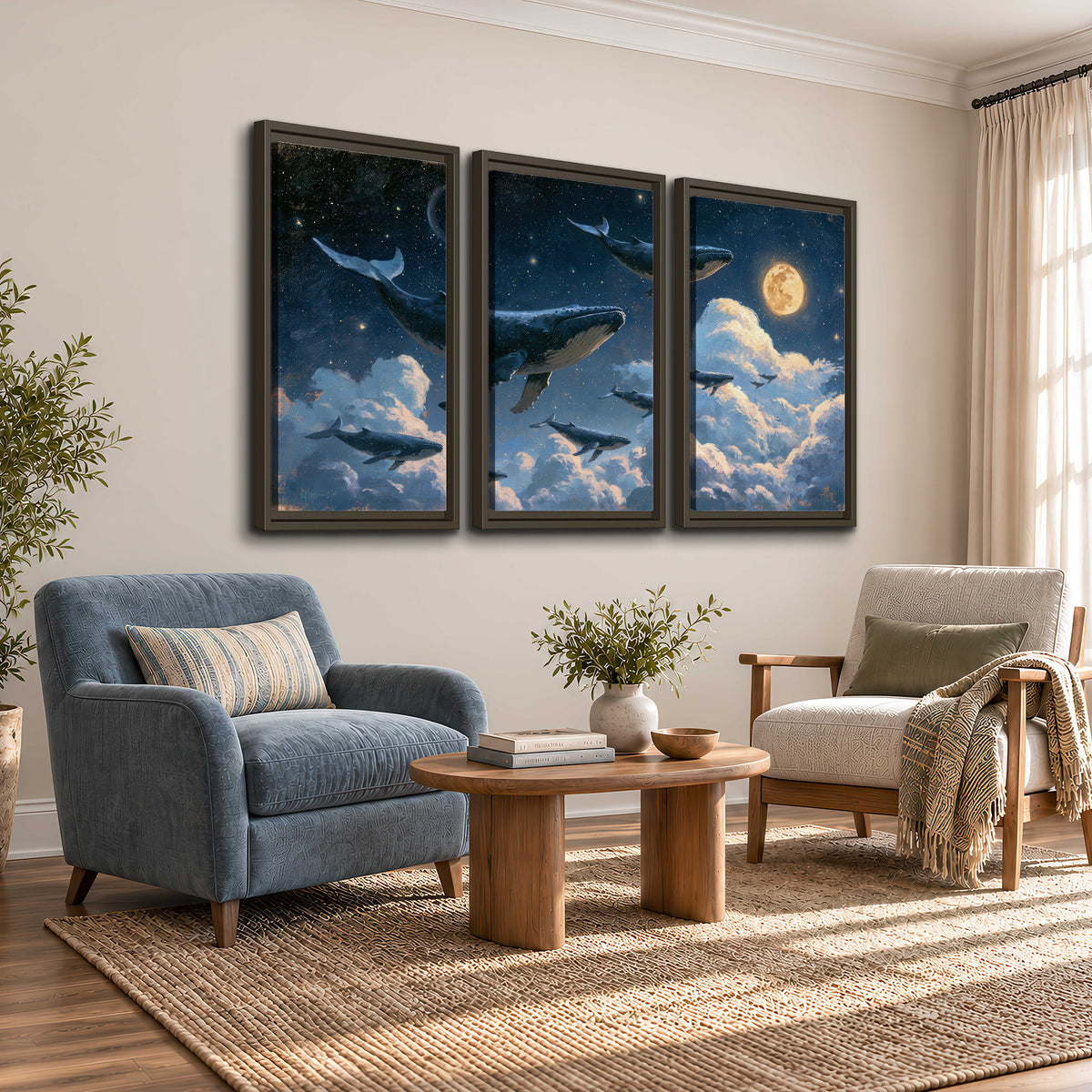 A group of whales floating among clouds beneath a golden moon in a deep blue night sky 3 piece framed canvas wall art styled in an interior