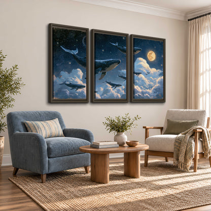 A group of whales floating among clouds beneath a golden moon in a deep blue night sky 3 piece framed canvas wall art styled in an interior