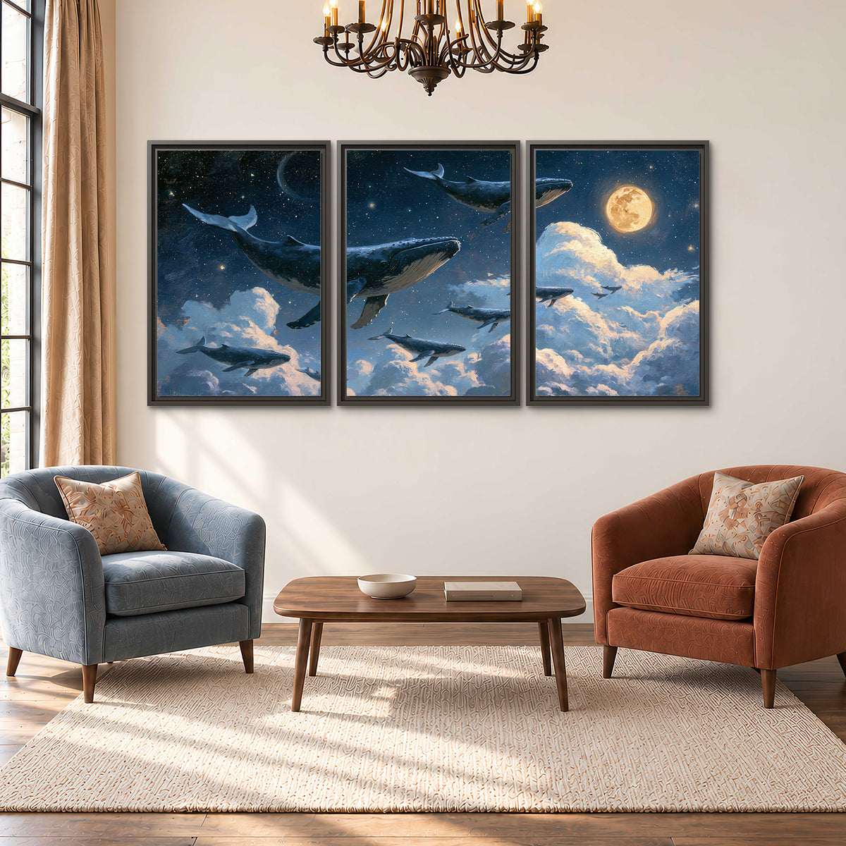 A group of whales floating among clouds beneath a golden moon in a deep blue night sky 3 piece framed canvas wall art styled in an interior