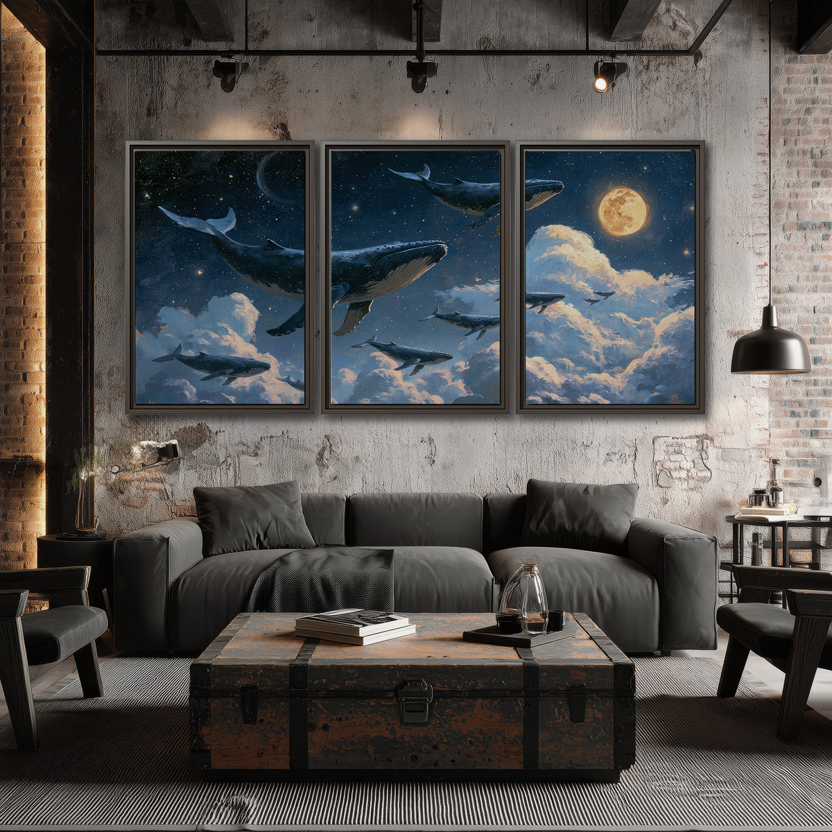 A group of whales floating among clouds beneath a golden moon in a deep blue night sky 3 piece framed canvas wall art displayed in a industrial room