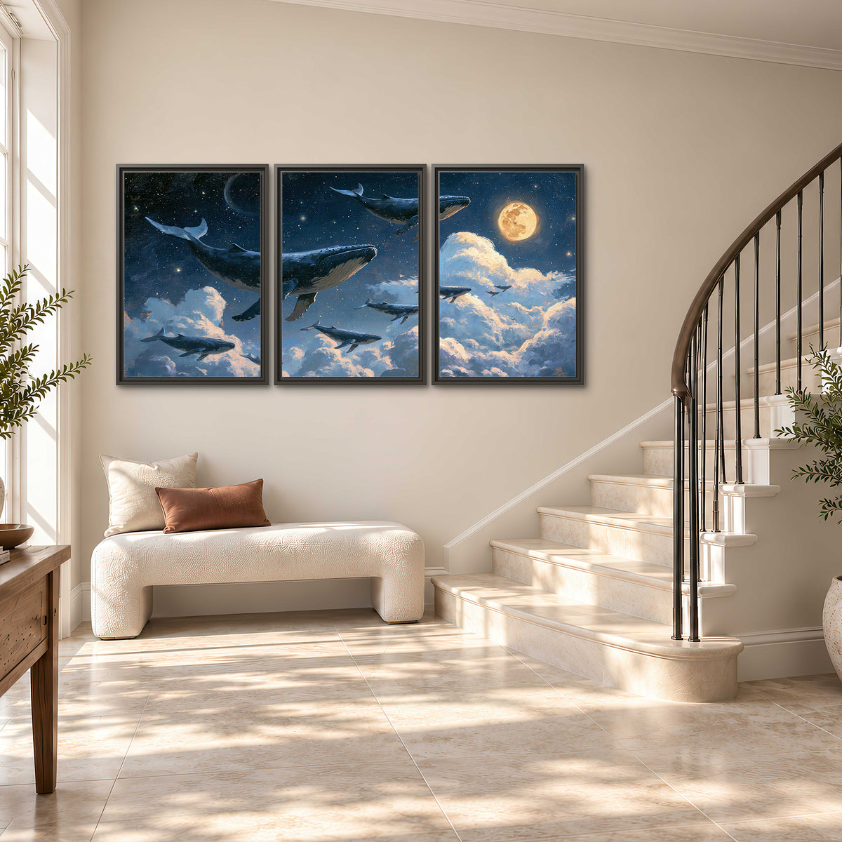 A group of whales floating among clouds beneath a golden moon in a deep blue night sky 3 piece framed canvas wall art styled in an interior