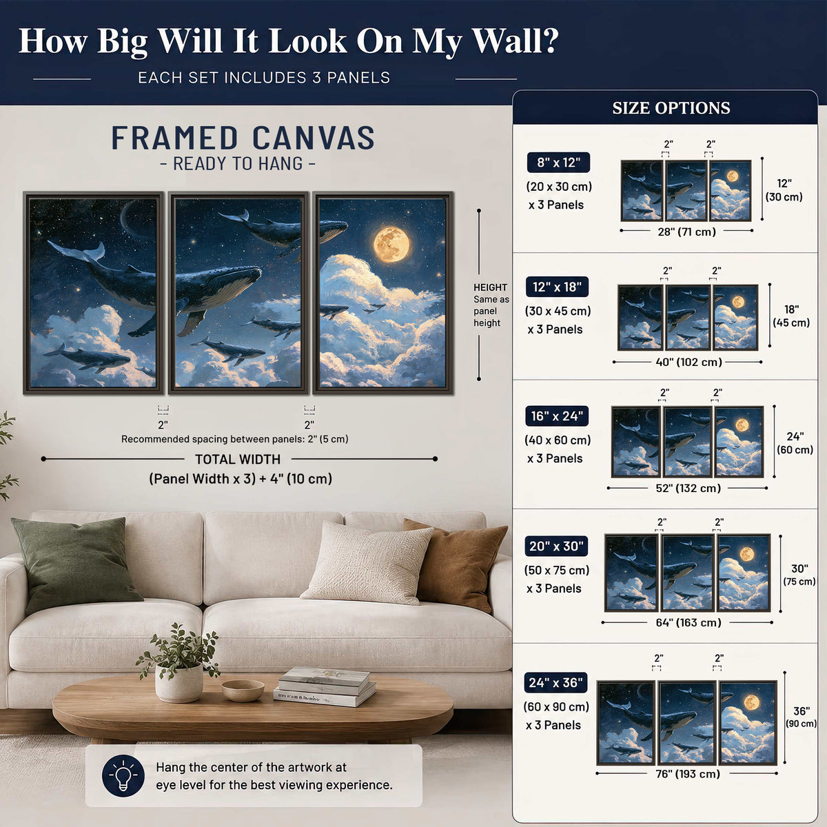 A group of whales floating among clouds beneath a golden moon in a deep blue night sky 3 piece framed canvas wall art size guide above a sofa; room view is illustrative