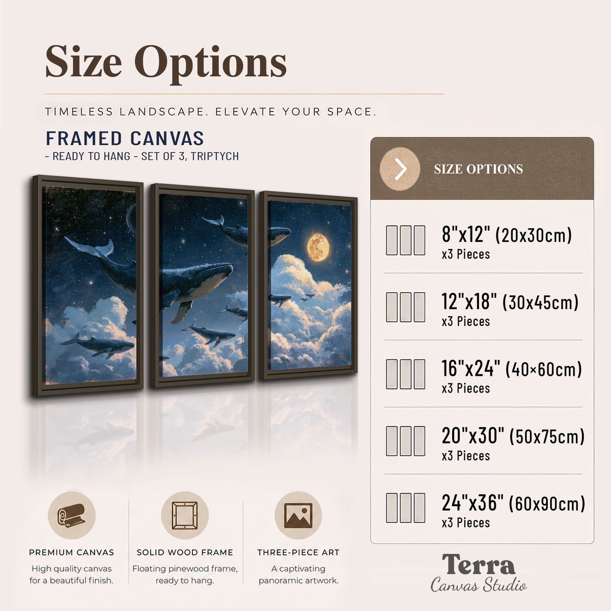 A group of whales floating among clouds beneath a golden moon in a deep blue night sky 3 piece framed canvas wall art available dimensions; triptych dimensions are per panel
