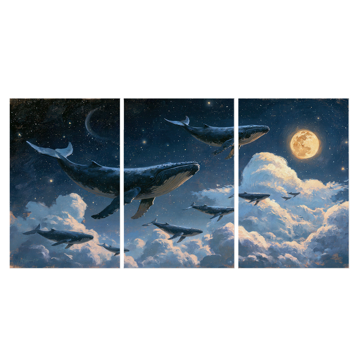 A group of whales floating among clouds beneath a golden moon in a deep blue night sky set of 3 poster prints viewed straight on