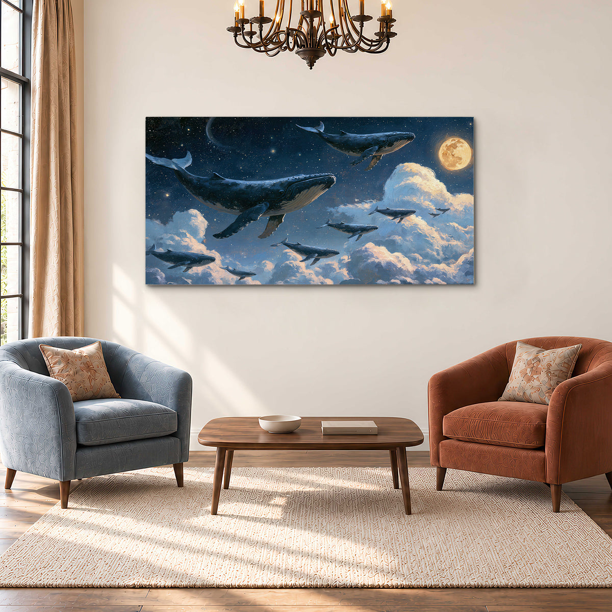 A group of whales floating among clouds beneath a golden moon in a deep blue night sky single canvas wall art styled in an interior