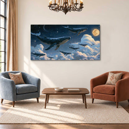 A group of whales floating among clouds beneath a golden moon in a deep blue night sky single canvas wall art styled in an interior