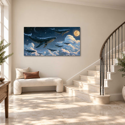 A group of whales floating among clouds beneath a golden moon in a deep blue night sky single canvas wall art styled in an interior