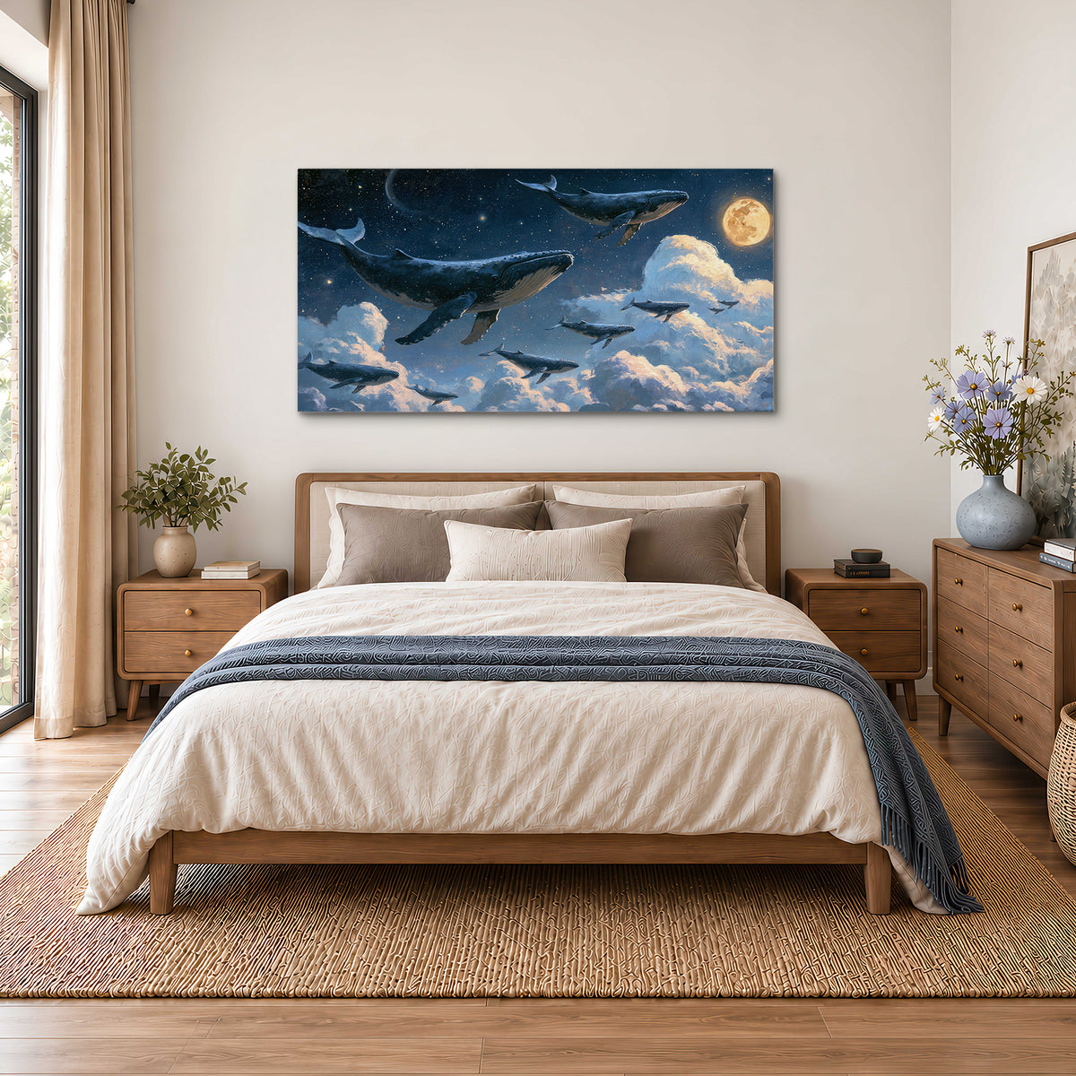 A group of whales floating among clouds beneath a golden moon in a deep blue night sky single canvas wall art styled in an interior
