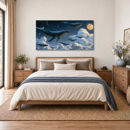 A group of whales floating among clouds beneath a golden moon in a deep blue night sky single canvas wall art styled in an interior