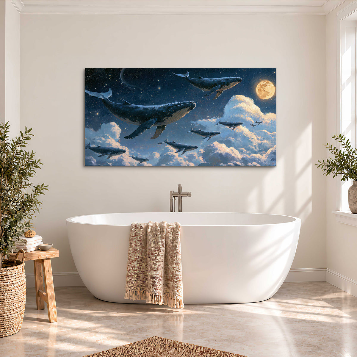 A group of whales floating among clouds beneath a golden moon in a deep blue night sky single canvas wall art styled in an interior