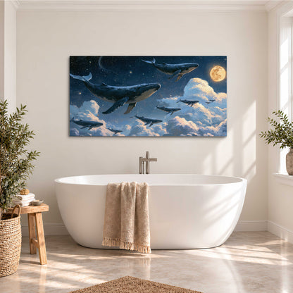 A group of whales floating among clouds beneath a golden moon in a deep blue night sky single canvas wall art styled in an interior