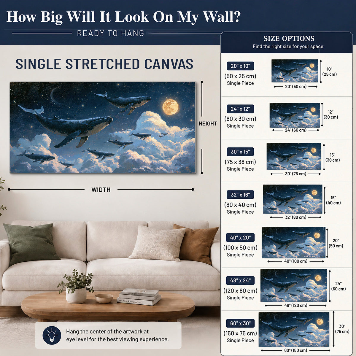 A group of whales floating among clouds beneath a golden moon in a deep blue night sky single canvas wall art size guide above a sofa; room view is illustrative