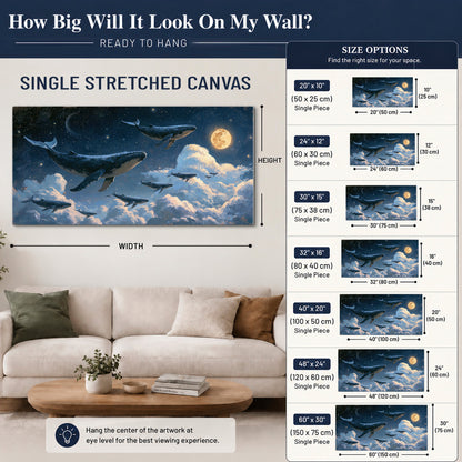 A group of whales floating among clouds beneath a golden moon in a deep blue night sky single canvas wall art size guide above a sofa; room view is illustrative