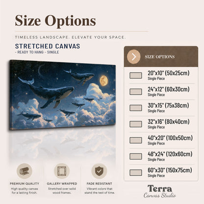 A group of whales floating among clouds beneath a golden moon in a deep blue night sky single canvas wall art available dimensions
