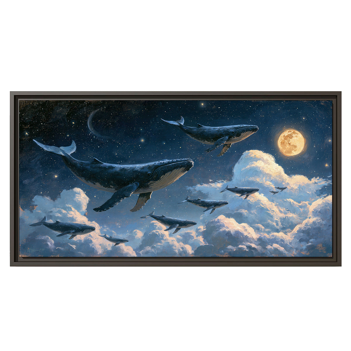 A group of whales floating among clouds beneath a golden moon in a deep blue night sky single framed canvas wall art viewed straight on
