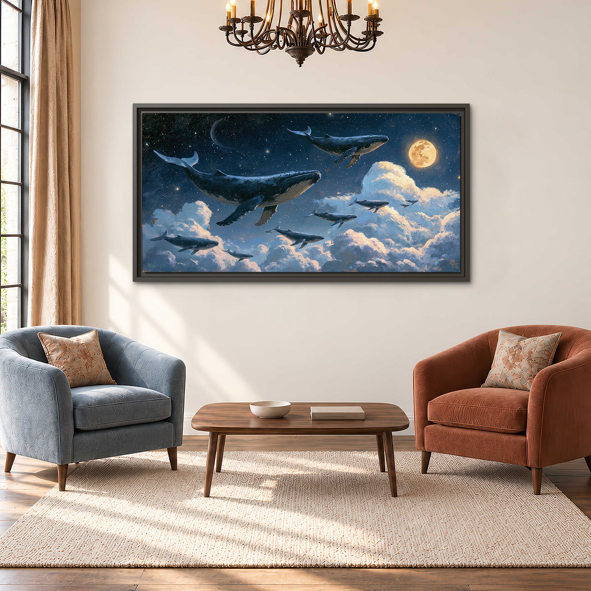A group of whales floating among clouds beneath a golden moon in a deep blue night sky single framed canvas wall art styled in an interior