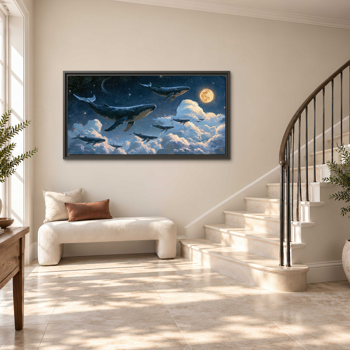 A group of whales floating among clouds beneath a golden moon in a deep blue night sky single framed canvas wall art styled in an interior