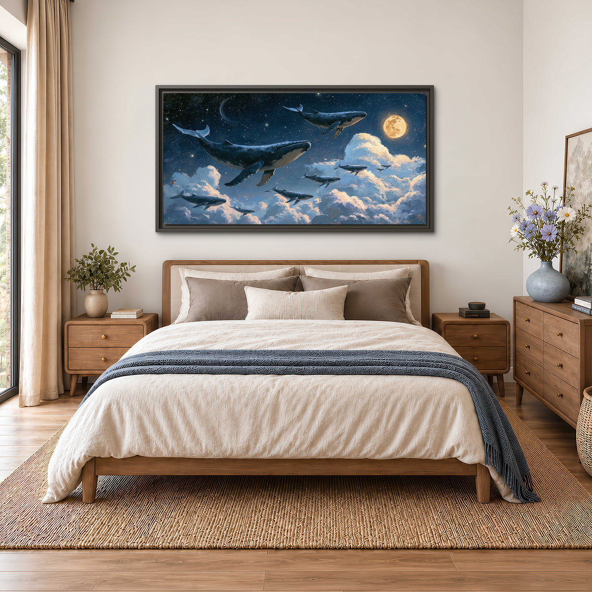 A group of whales floating among clouds beneath a golden moon in a deep blue night sky single framed canvas wall art styled in an interior
