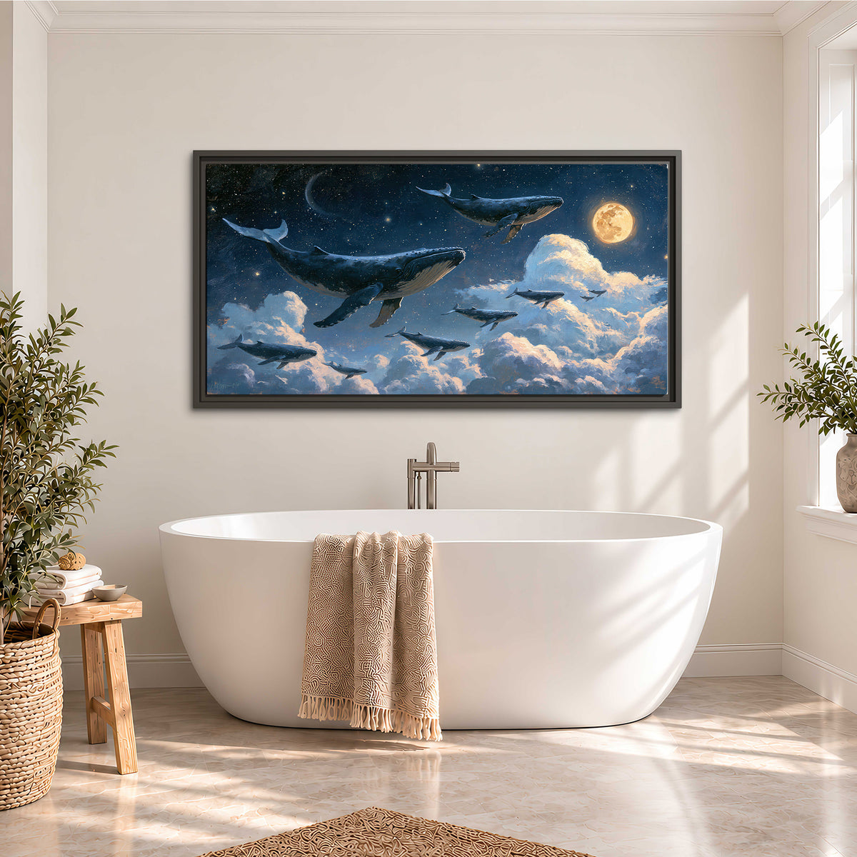 A group of whales floating among clouds beneath a golden moon in a deep blue night sky single framed canvas wall art styled in an interior