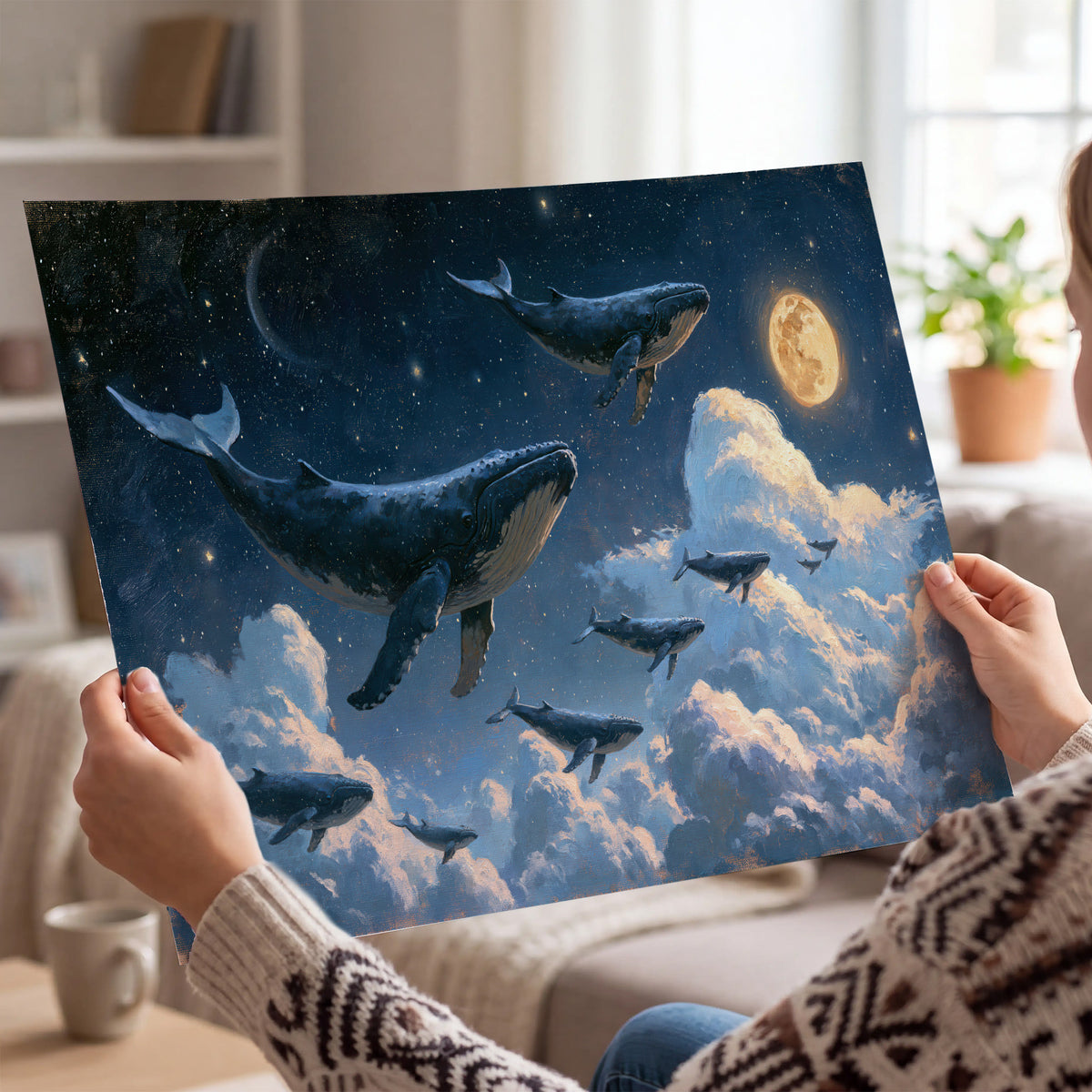 A group of whales floating among clouds beneath a golden moon in a deep blue night sky single poster print held in hands