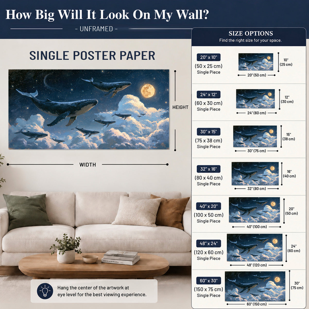 A group of whales floating among clouds beneath a golden moon in a deep blue night sky single poster print size guide above a sofa; room view is illustrative