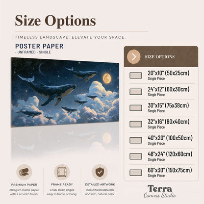 A group of whales floating among clouds beneath a golden moon in a deep blue night sky single poster print available dimensions