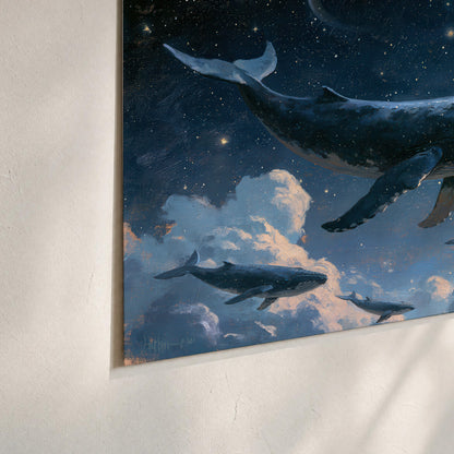 A group of whales floating among clouds beneath a golden moon in a deep blue night sky set of 3 poster prints material and edge close up