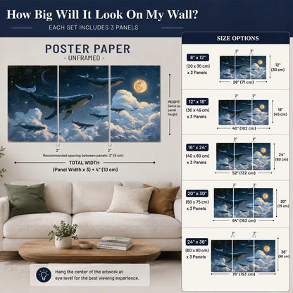 A group of whales floating among clouds beneath a golden moon in a deep blue night sky set of 3 poster prints size guide above a sofa; room view is illustrative